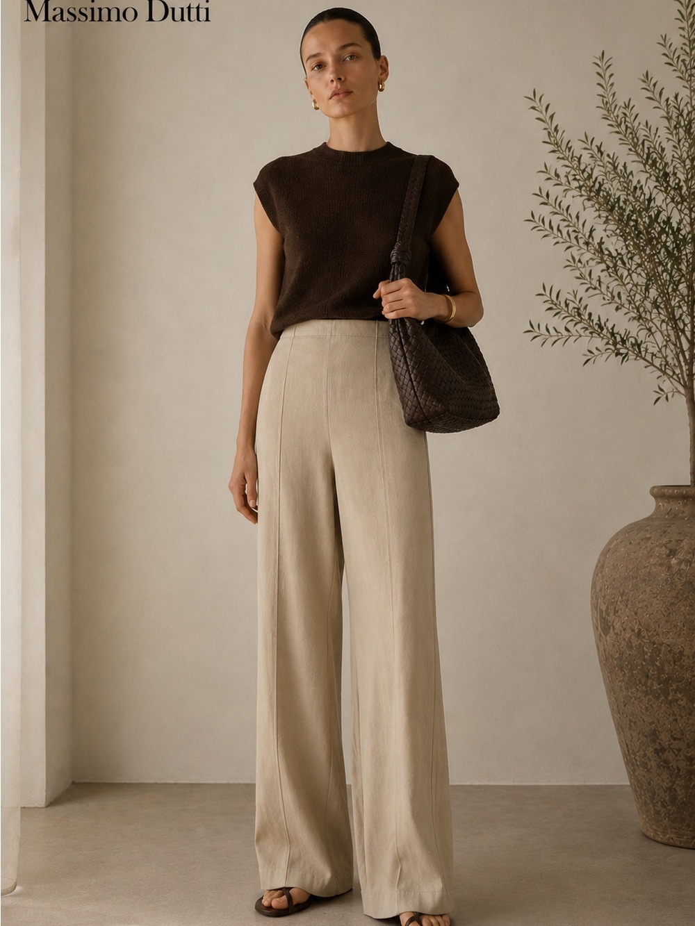 Massimo Dutti High-Rise Wide-Leg Pants in Light Beige